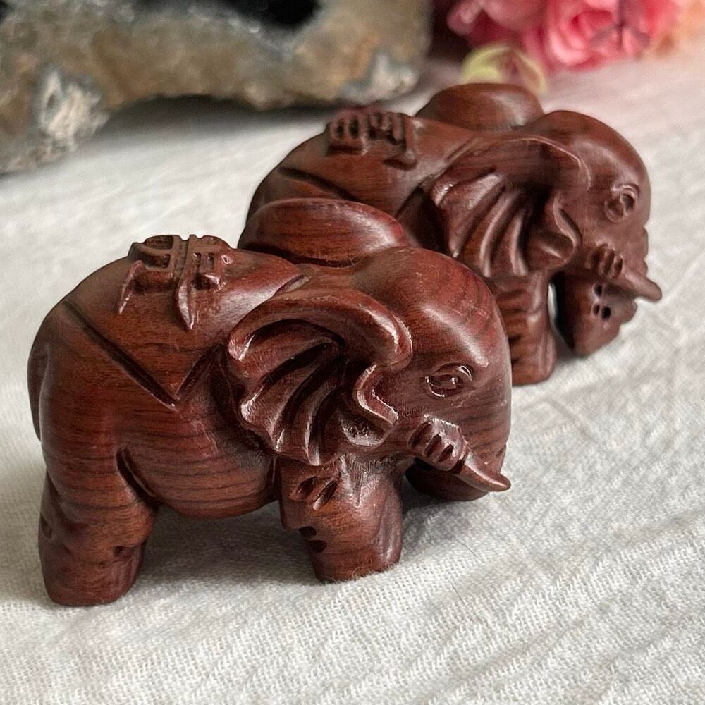 Set of 2 Small Protective Carved Wooden Elephants Long Life and Abundance